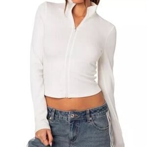 Edikted Tessa High Neck Zip Up Cardigan - White Size XS